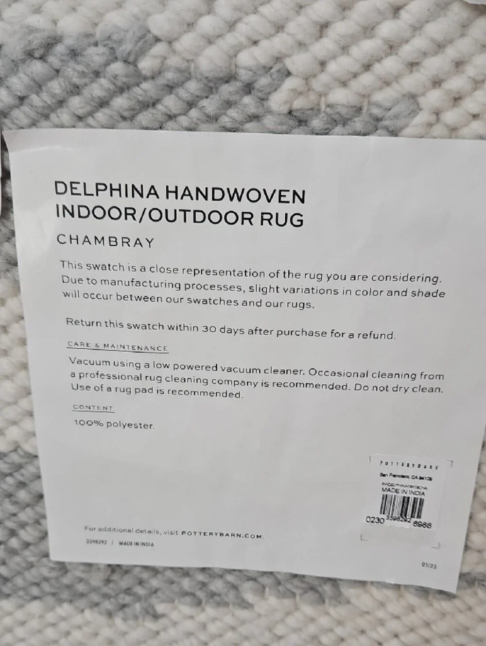 Pottery Barn NWT Delphina Neutral Gray White Handwoven Indoor/Outdoor Rug